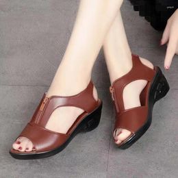 Dress Shoes Women Sandals Wedges Peep Toe Zip Fashion Summer High Heels Leather Comfortable Casual Platform Female Slides