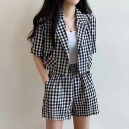 Women's Tracksuits 2024 Summer Women Retro Suits Short-sleeved Plaid Suit Jacket Female High Waist Wide-leg Shorts Ladies Two-piece Sets