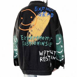 graffiti Jacket Men's Denim Jacket Loose Wed Lapel Coat for Men Bomber Jacket Mens Fi Clothing Trends Streetwear u3Z7#