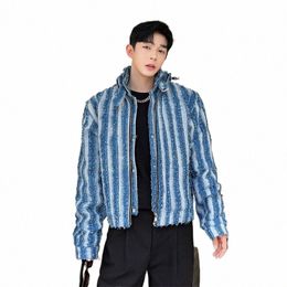 noymei Korean Style Niche Chic Striped Tassel Denim Jacket Men All-match 2024 Autumn New Temperament Male Coat Fi WA2837 u1qX#