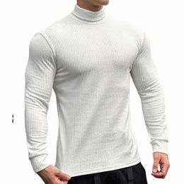 2023 Autumn Winter New Men's High Neck Sweater Fi casual men's clothing Sports Fitn Elastic Lg Sleeve Bottom Shirt m7y1#