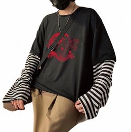 punk Drag Manga Graphic Streetwear T Shirts Men Women School High Street Tops Clothes Lg Sleeve Striped Summer T-shirts x8Ch#