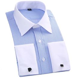 M~6XL Mens French Cuff Dress Shirt White Long Sleeve Formal Business Buttons Male Shirts Regular Fit Cufflinks Shirt240325