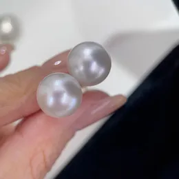 Stud Earrings 925 Silver Simple Style Women's Real Sea 11-12mm Round Pearl Fashion Jewellery Accessories