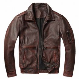 100% Cowhide Genuine Leather Coat for Men style of Moto & Biker Vintage Slim Male Natural Fi lapel Leather Jacket F6tD#