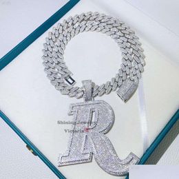 Pendant Necklaces Initial R 3 Width Solid Hand Setting Moissanite Diamond Vvs Custom With 1M Cuban Chain Drop Delivery Jewelry Pendant Ot6T8