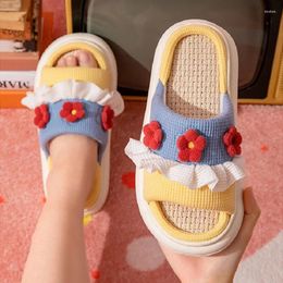 Slippers Linen Women Spring Autumn Slipper INS Trendy Outer Wear Princess Style Cute Flower Indoor Thick Bottom Non-Slip Sandals