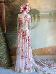 Floral Embroidery Wedding Dresses Colourful A-Line Boho Bridal Gown Long Sleeves Sweetheart Neck Custom Made Bride Wear