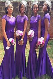 2017 South African Long Mermaid Purple Bridesmaid Dresses Fahsion Short Sleeve Beaded Bow Satin Floor Length Party Gowns Nigeria C7394159