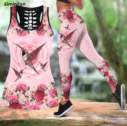 Women's Two Piece Pants Hummingbirds Love Flower 3D Printed Tank Top Legging Women Summer Vest Pant Suit Female Combo Outfit Yoga Sportswear