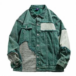 hip Hop Distred Denim Jacket Men Vintage Harajuku Patchwork Cowboy Coats Streetwear Casual Loose Varsity Jackets Unisex Green n8E0#