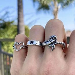 Cluster Rings 3 Pcs/Set Vintage Mermaid Heart Butterfly Set Fashion Personality Adjustable Open For Women Men Punk Jewlery Gifts