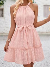 Casual Dresses Summer Dress Women Sleeveless Halter Neck Lace-up A-line Pink Lady Sweet Beach Holiday Ruffle Mini Vestidos