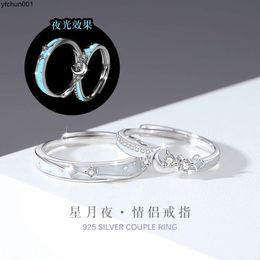 Starry Sterling Silver 925 Night Glow Couple Ring for Men and Womens Fashion Versatile Zircon Stuff Ins Moon Pair