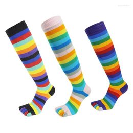 Women Socks 1 Pair Rainbow Toe Colourful 5 Calf Striped Funny Long For And Girls