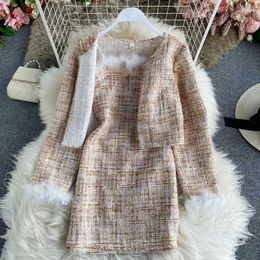 Work Dresses Women Tweed Fragrant Suit Jacket Coat And Feather Mini Dress Two Piece Set Female Prom Party Jacquard Cloth Vintage 2024