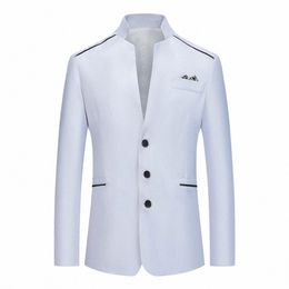 formal Suit Blazer for Men Slim Fit Stand Collar Jacket Busin Work Butt Coat White/Grey/Pink/Red/Navy Blue 76jX#