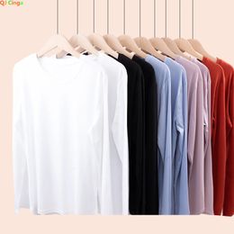 Spring Summer Mulberry Silk Mercerized Cotton TShirt Women Causal Knitted Long Sleeve Tee Shirts Female Loose Black White Tops 240315