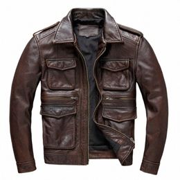 heavy Industry M65 Hunting Cowhide Leather Jacket Men's Tooling Vintage Red Brown Genuine Leather Coats Free Ship Plus Size D9NF#