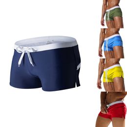 Calção de banho boxer colorido masculino europeu e americano com design de bolso traseiro de praia respirável de secagem rápida com cadarço