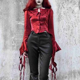 Women's Blouses Shirts Original vampire red shirt full sleeves suspender lapel Gothic hollow elegant shirt ultra-thin shirt womens topL240328