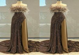 2020 Glitter Prom Dresses Strapless Sequined Feather Sleeveless Long Evening Gown Ruffle High Side Split Custom Made Formal Party 6399711