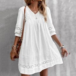 White Lace Cotton Dress For Women Casual Hollow Crochet Bohemian Holiday Dress Ladies Short Sleeve Loose Beach Party Dress S-3XL 240403