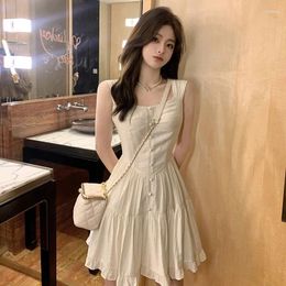 Casual Dresses Summer Aesthetic White Sweet Dress Women Korean Vintage Slip Princess Slim Waist Elegant Ruffle High Skirt