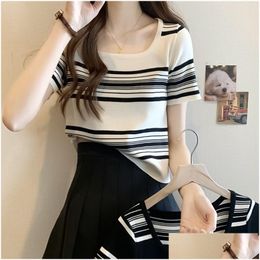 Womens Knits Tees Tee French Retro Striped Short Sleeve T-Shirt Girls Summer Fashion Slim-Fit Square Neck Sweater Tops Cotton Breathab Othkw