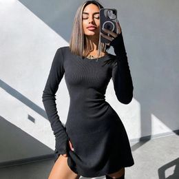 Elegant And Pretty Women Dresses Autumn Winter Black Sexy Short Dress Female V Neck Long Sleeve Slim Solid Colour Mini 240312