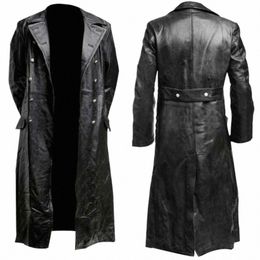 men's GERMAN CLASSIC WW2 MILITARY UNIFORM OFFICER BLACK REAL LEATHER TRENCH COAT g99w#