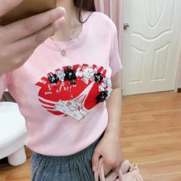 Xiaoxiangfeng 2023 Summer Womens Wear New Thin Ice Silk Heavy Industry Order Beaded Round Neck Short Sleeve Pullover Knitted T-shirt