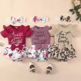 Clothing Sets 0-18M Baby Girls 3 Pieces Outfit Short Sleeve Letter Embroidery Romper Floral/Leopard Print Shorts Headband Set