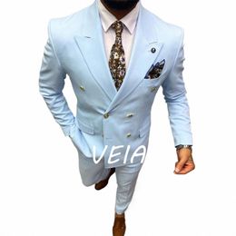 blue Men Suits Trajes Elegante Para Hombres Blazer Masculino Double Breasted Peaked Lapel Terno Jacket Pants Two Piece Elegant T9hG#
