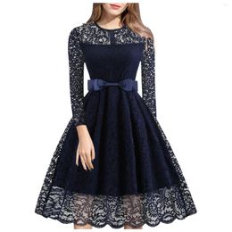Casual Dresses Women'S Dress Waist Wrap A Lined Elegant Sexy Woman Lace Round Neck Hollow Long Sleeved Formal Occasion