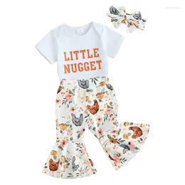 Clothing Sets Born Baby Girl Farm Outfits Little Nugget Short Sleeve Romper Chicken Floral Flared Pants Headband 3Pcs Set