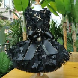 Dog Apparel 2024 Cute Pet Clothes Handmade Embroidered Flower Butterfly Print Black Lace Dress For Small Medium Outfit Coats