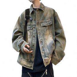american Retro Distred Shoulder Pad Denim Jacket Spring Autumn Men's Causal Loose Handsome Workwear Jackets Top Male Clothes R701#