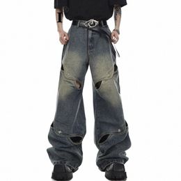 noymei Male Y2k Jeans High Street Patchwork Loose Men Hollow Out Trendy Vintage Metal Butt Straight Denim Pant Wide Leg WA1321 M0bw#