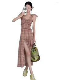 Casual Dresses Elegant Luxury Party Maxi Dress French Plaid Print Bottom Split Lace Up Long Strap Summer Women Holiday Bow Neck