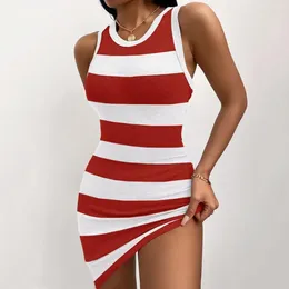 Casual Dresses Women Vest Dress Elastic Summer Striped Print Mini For O-neck Bodycon Sundress With Slim Fit A-line Design