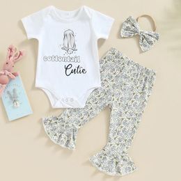 Clothing Sets Baby Girls Pants Set Short Sleeve Letters Print Romper With Flare And Bowknot Headband