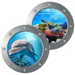 Wallpapers 2 Pcs Wall Sticker Wallpaper Craft Room Decor Three-dimensional Porthole Sea Bathroom Pvc Kids Child Dolphin Decals