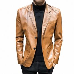spring Autumn Korean Style Men's Slim Fit Motorcycle PU Leather Jacket, Single Breasted Busin Coat, Fi Streetwear 40mS#