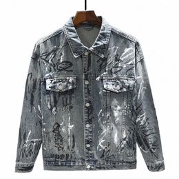 2024 New Printed Distred Vintage Denim Jacket Men's Fi Graffiti Hip Hop Lapel Coat Male Butt Jeans Jackets B3fq#