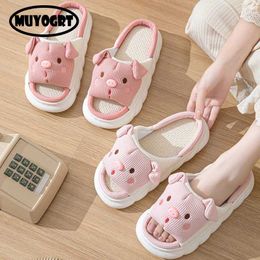 Slippers Slippers Cute Cartoon Pig 2024 Womens Summer Indoor Bedroom Soft Tick Soled Funny Soes Linen Slides Lovely H240327