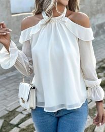 Women's T Shirts Fashion Blouse Pearls Decor Ruffles Cold Shoulder Top 2024 Spring/summer Latest Casual Long Sleeved Ruched Daily T-Shirt