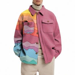 autumn Men Coat 2023 New Y2K INS Clothes Colour Print Lg Sleeve Turn Down Collar Single Breasted Butt Jacket Outwear e1K4#