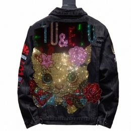 new 2023 Spring Hip Hop Golden Sequin Big Cat Head Patch Denim Jacket Men Streetwear Fi Embroidered Slim Fit Jeans Jackets 81dr#