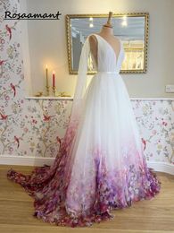 Drucken Sie Blumen-Hochzeitskleider mit Wraps, herzförmige Brautkleider für die Braut Robe De Mariee, Strand-Schleppe für Frauen